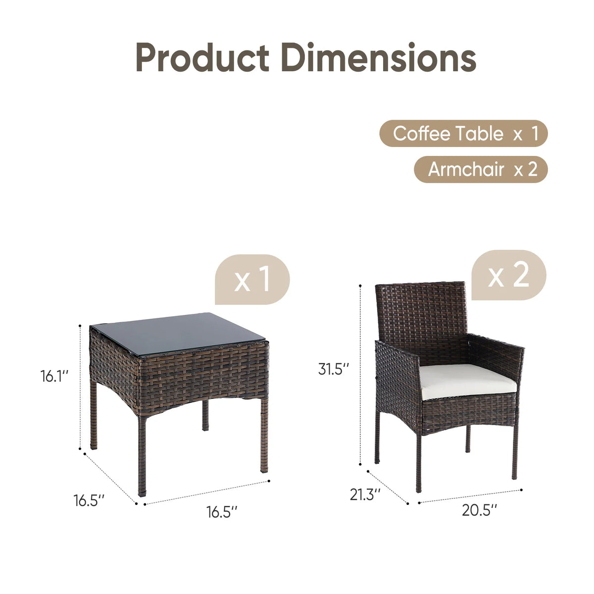 JHK Three Piece Outdoor Wicker Patio Bistro Set With Cushions