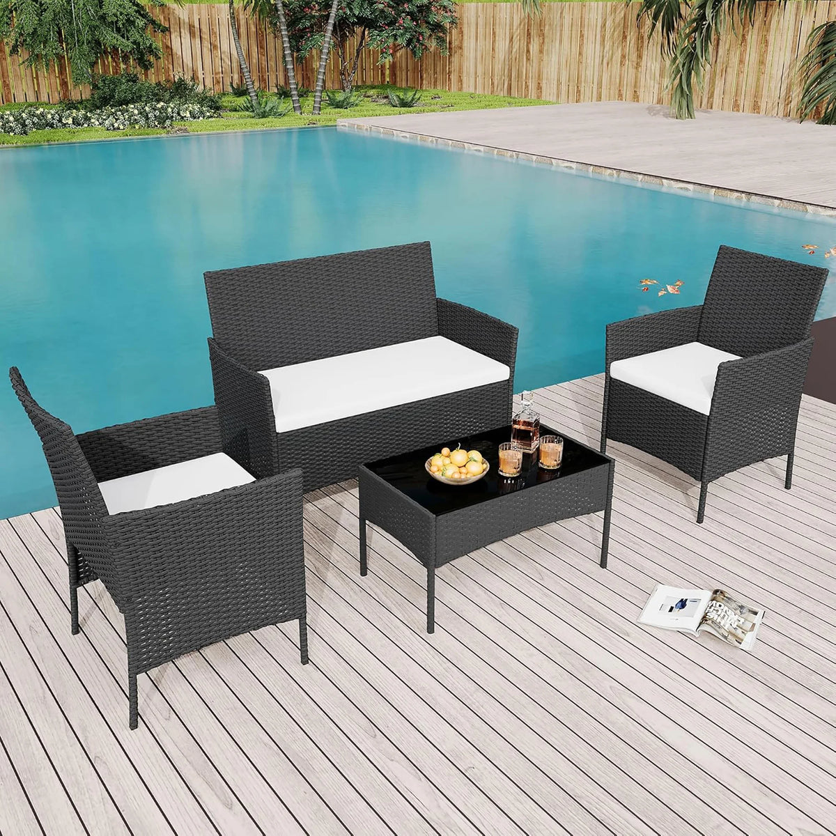 HiMISS Four Piece Outdoor Rattan Patio Furniture Set With Cushions