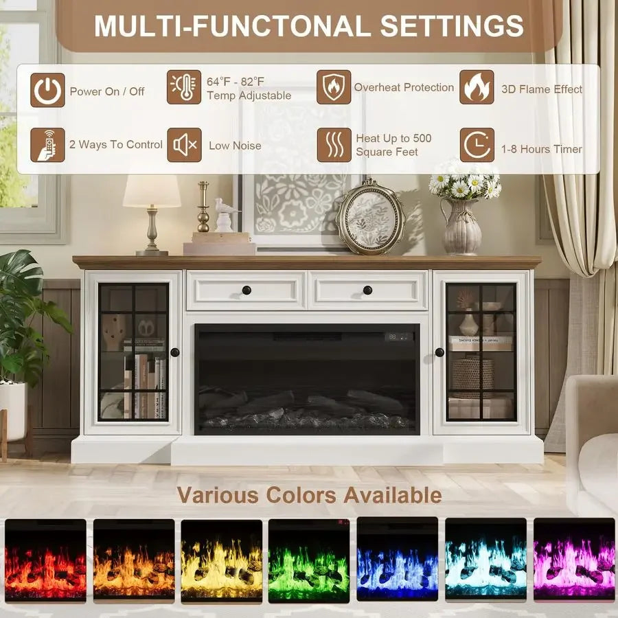 Farmhouse Media Console Entertainment Center With Electric Fireplace Led Lights