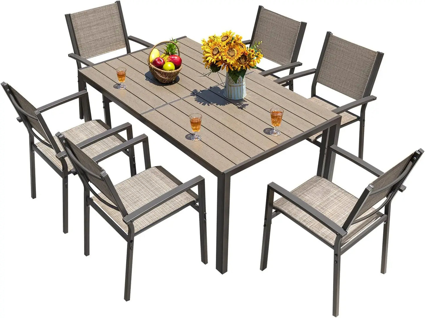 Patio Dining Set 7 Pieces With Large Table And Textilene Chairs