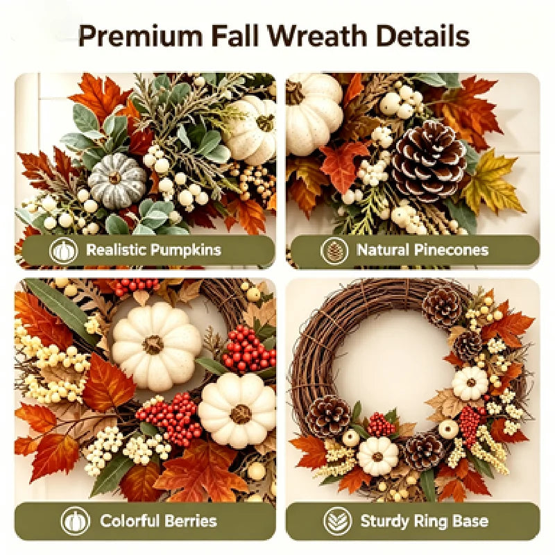 Autumn Harvest Wreath With Pumpkins Pinecones And Maple Leaves for Home Decor