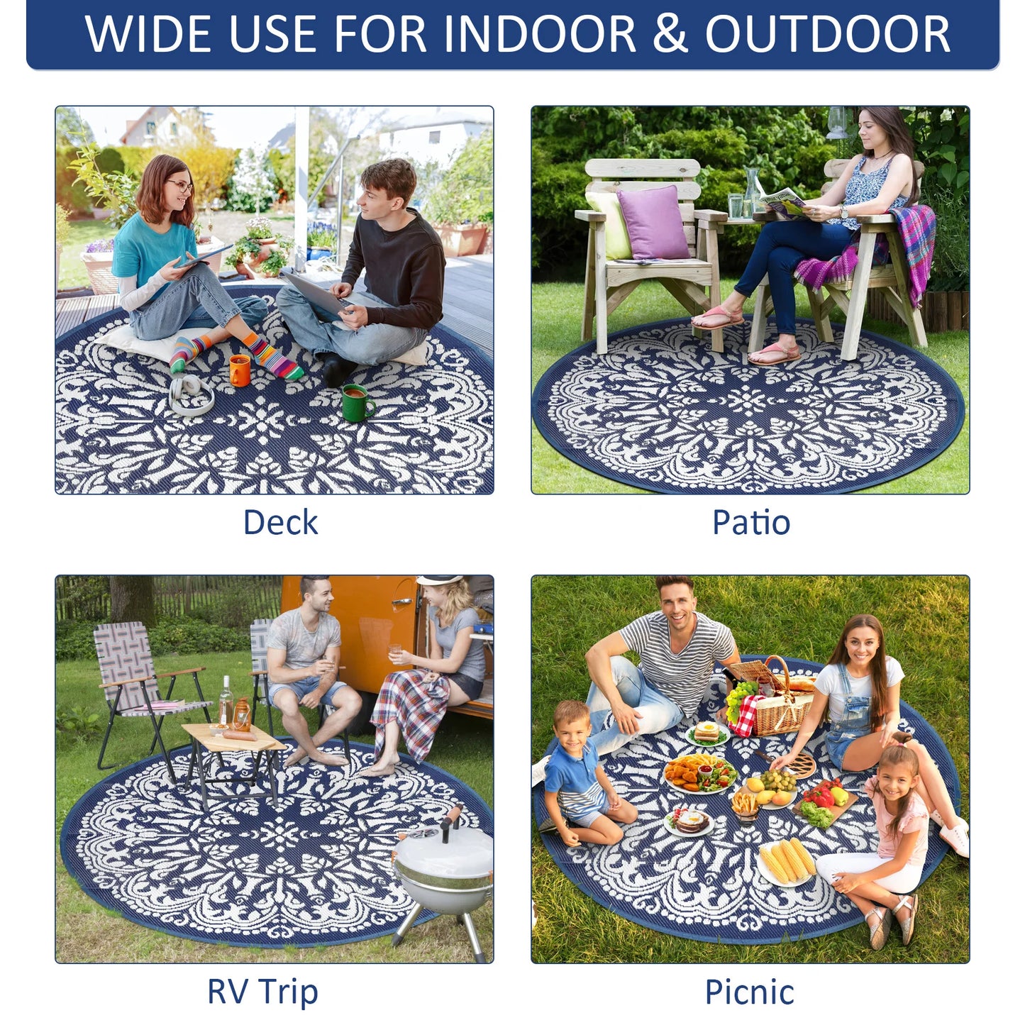 Round Outdoor Rug Portable Waterproof Reversible Plastic Straw Mat