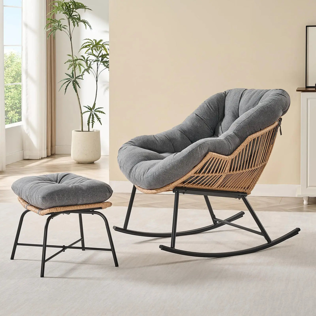 ONBRILL Rattan Papasan Rocking Chair And Ottoman Lounge Set