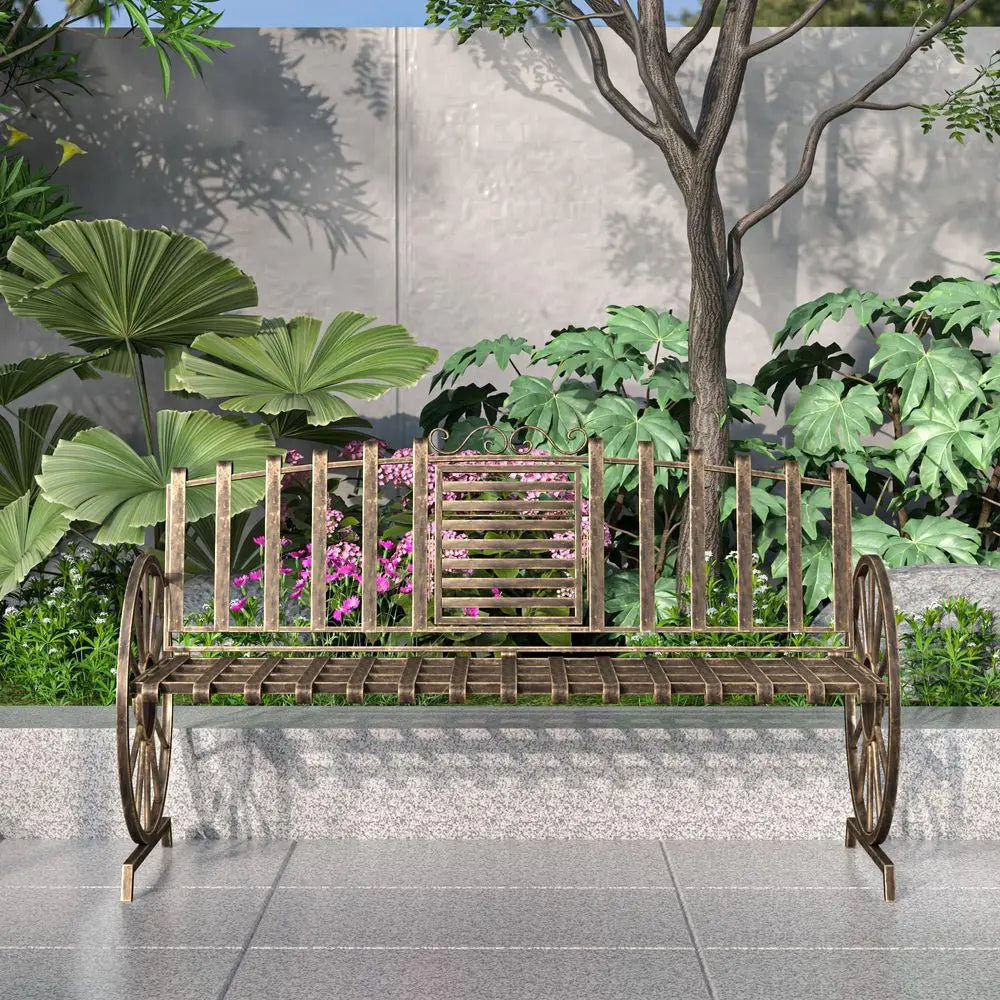 Outdoor Garden Bench With Built In Table And Wagon Wheel