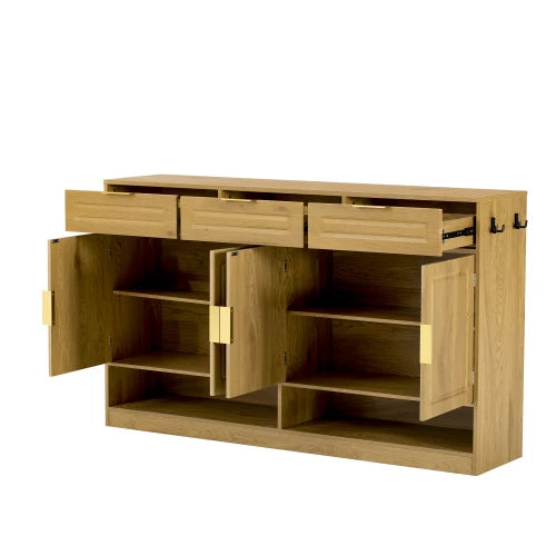 Farmhouse Style Sideboard With 3 Drawers And Open Shelves