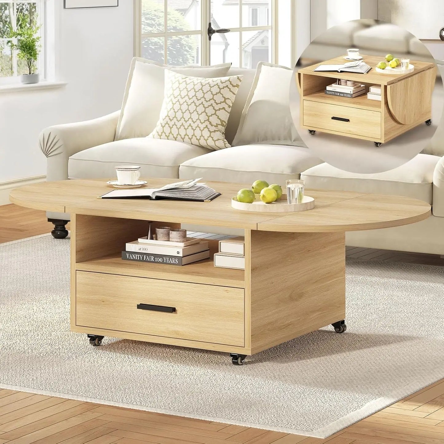 Guangbai Foldable Wood Coffee Table With Drawer And Storage