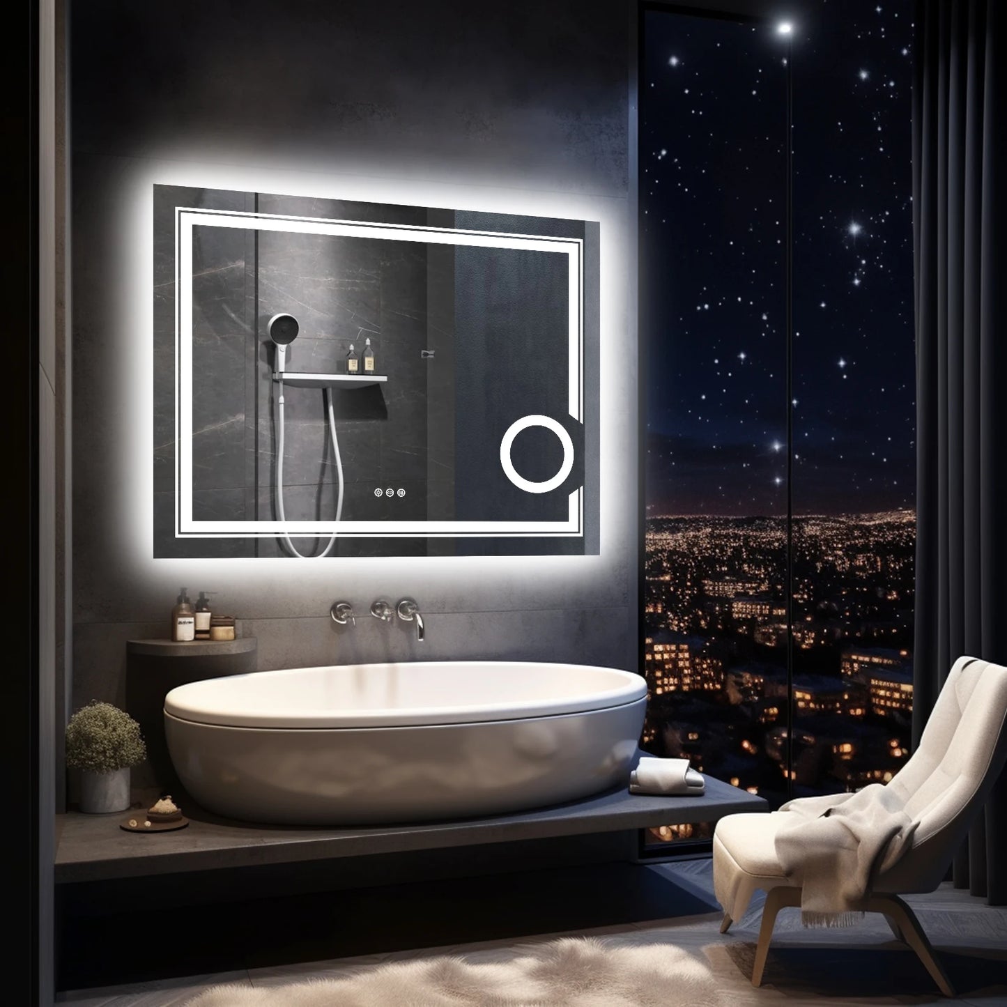 LED Lighted Smart Bathroom Mirror 3X Magnification Wall Mounted