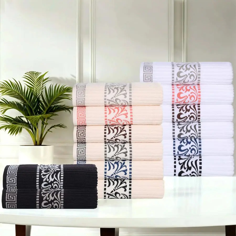 6 Piece Cotton Towel Set With Greek Pattern Absorbent Towels