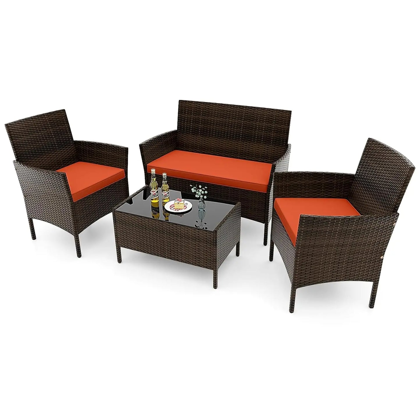 Rattan Outdoor 4-Piece Patio Set With Cushions And Glass Coffee Table