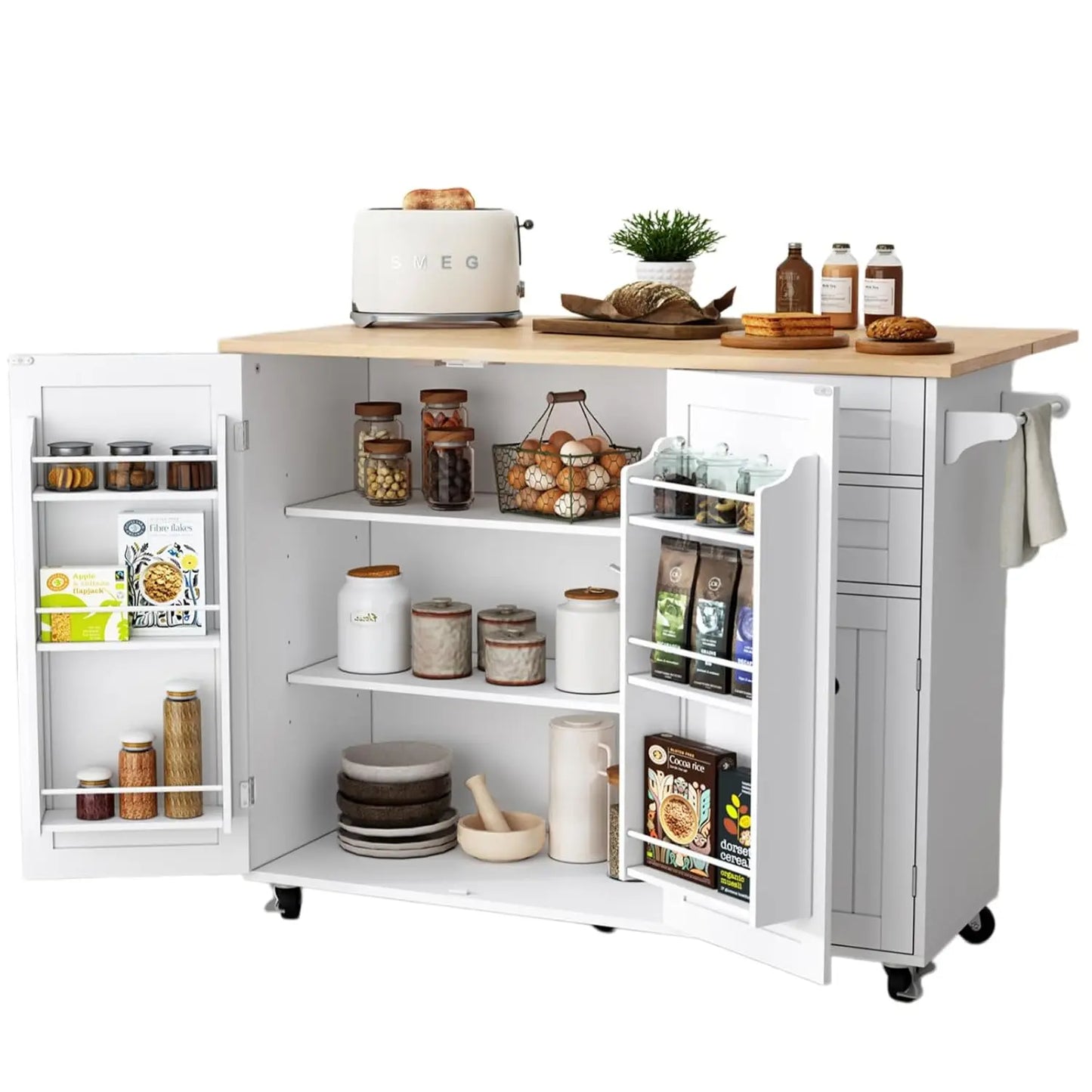 Kitchen Island With Storage And Drop Leaf Countertop On Wheels
