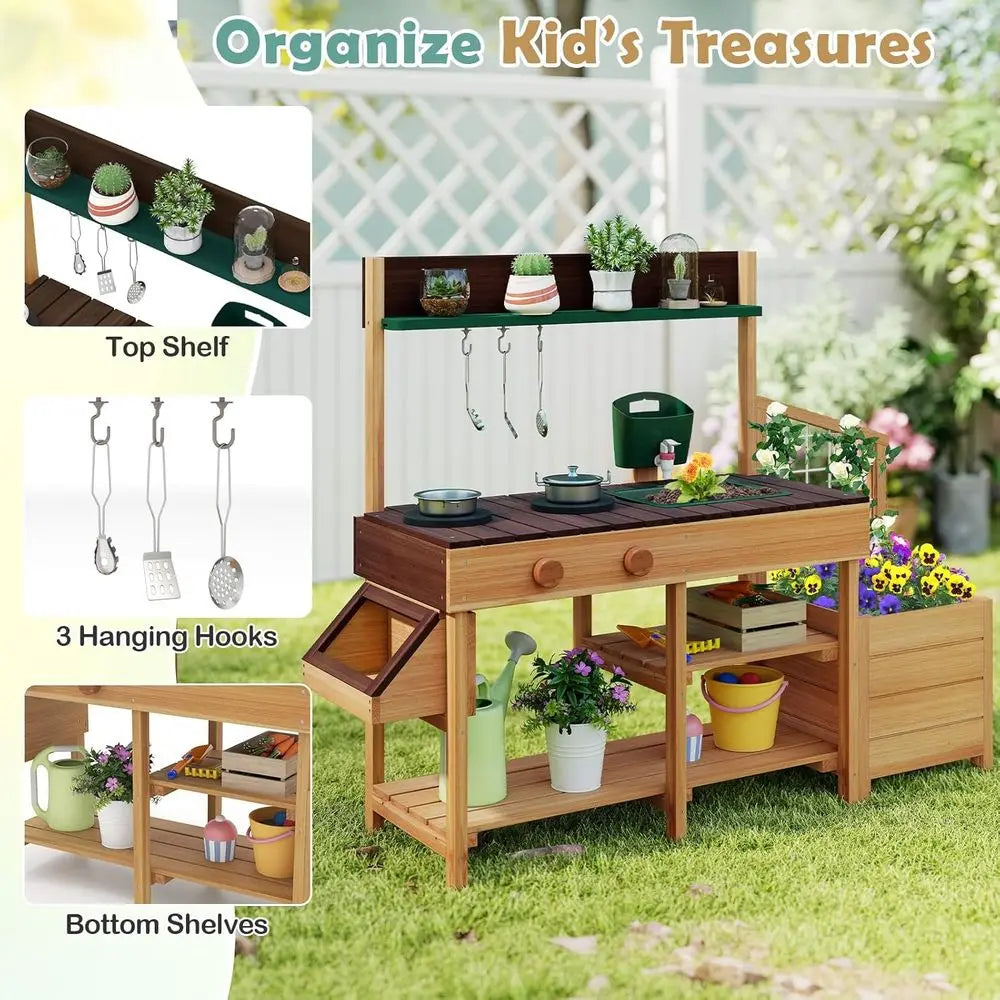 Wooden Mud Kitchen Potting Bench Sink Stoves Knobs Planter Boxes