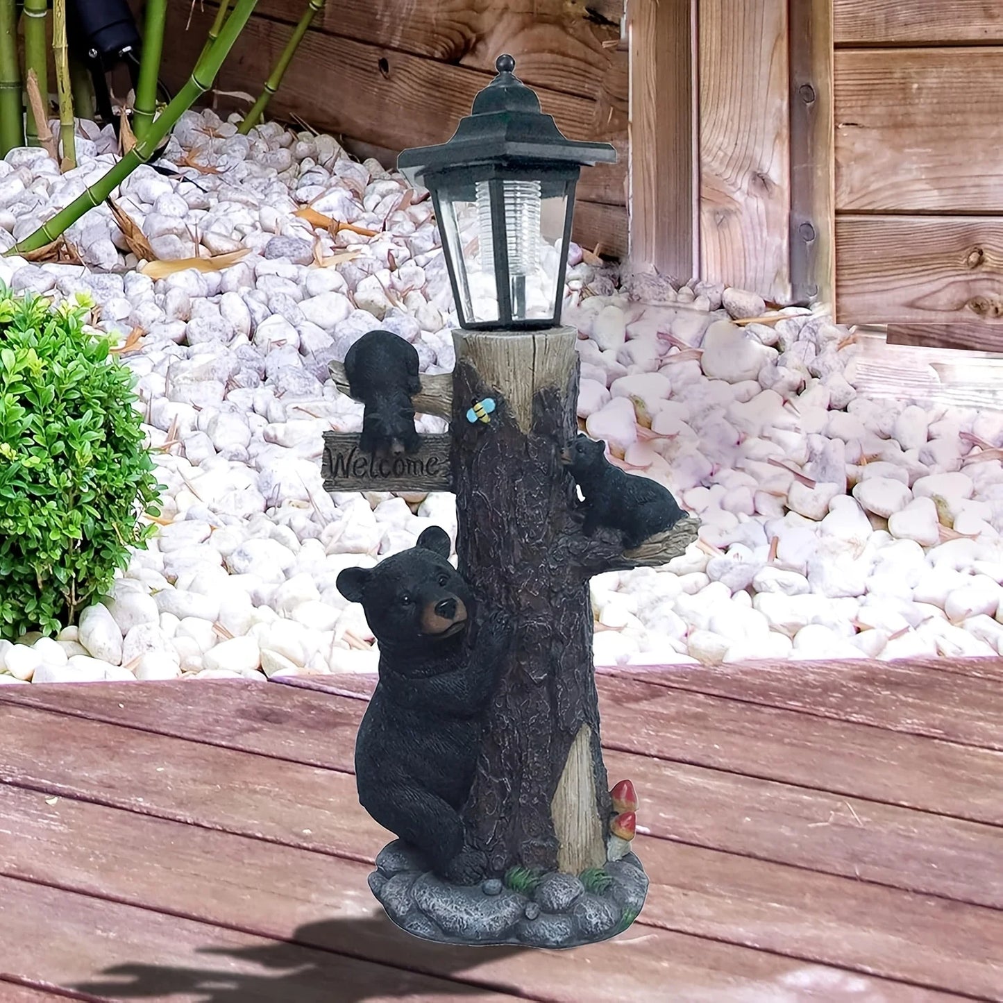 Solar Powered Bear Welcome Statue For Garden