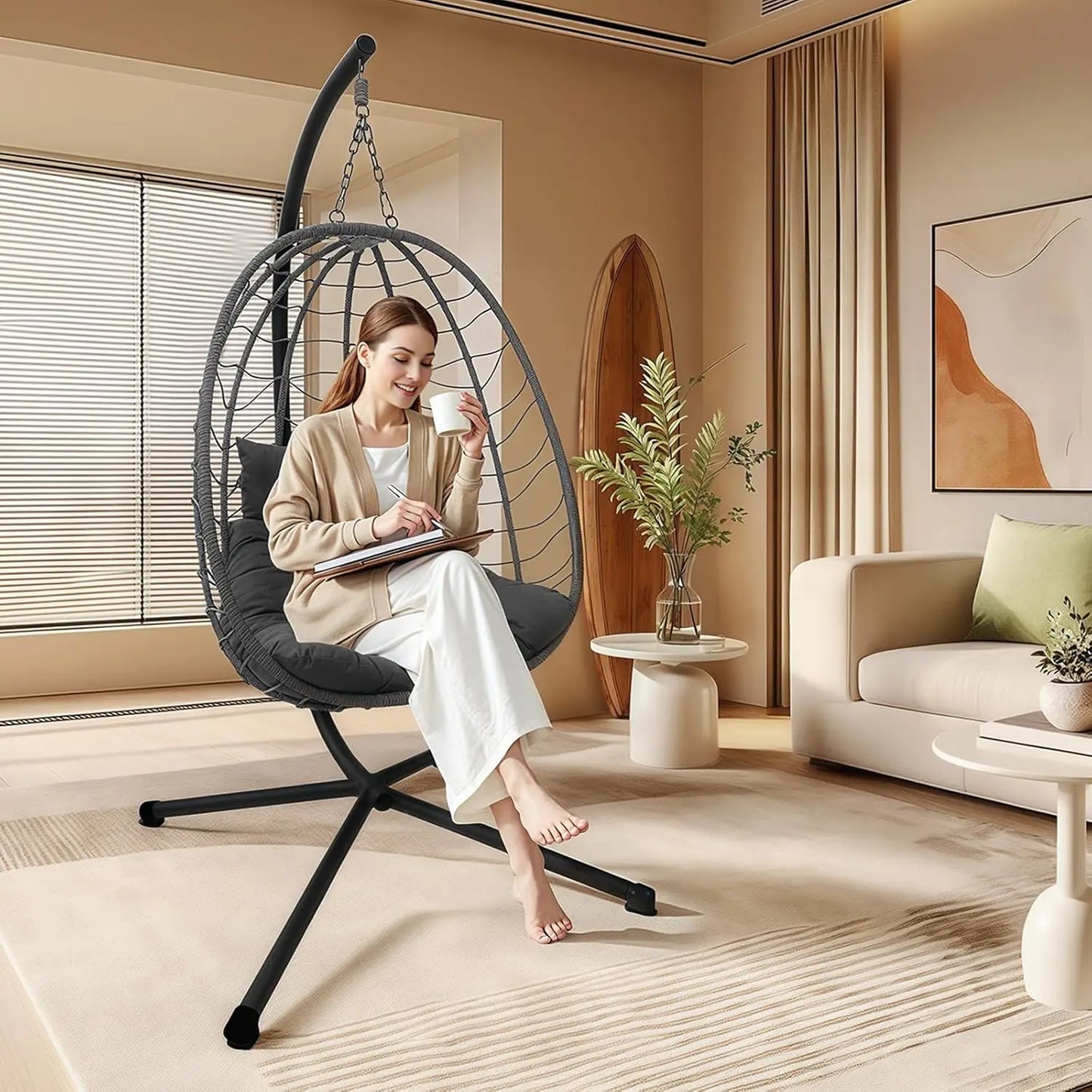 Hanging Egg Chair With Stand Outdoor Rattan Wicker Swing Chair