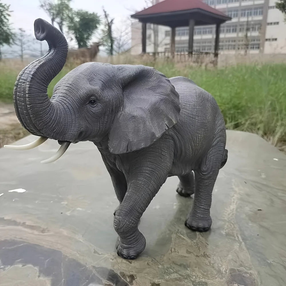 Resin Elephant Statue With Raised Trunk For Outdoor Garden Decor