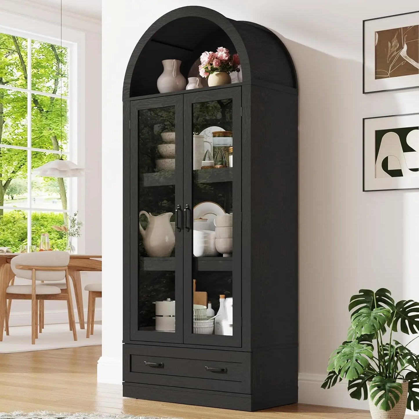 Arched Kitchen Pantry Cabinet With Glass Doors And Steel Frame