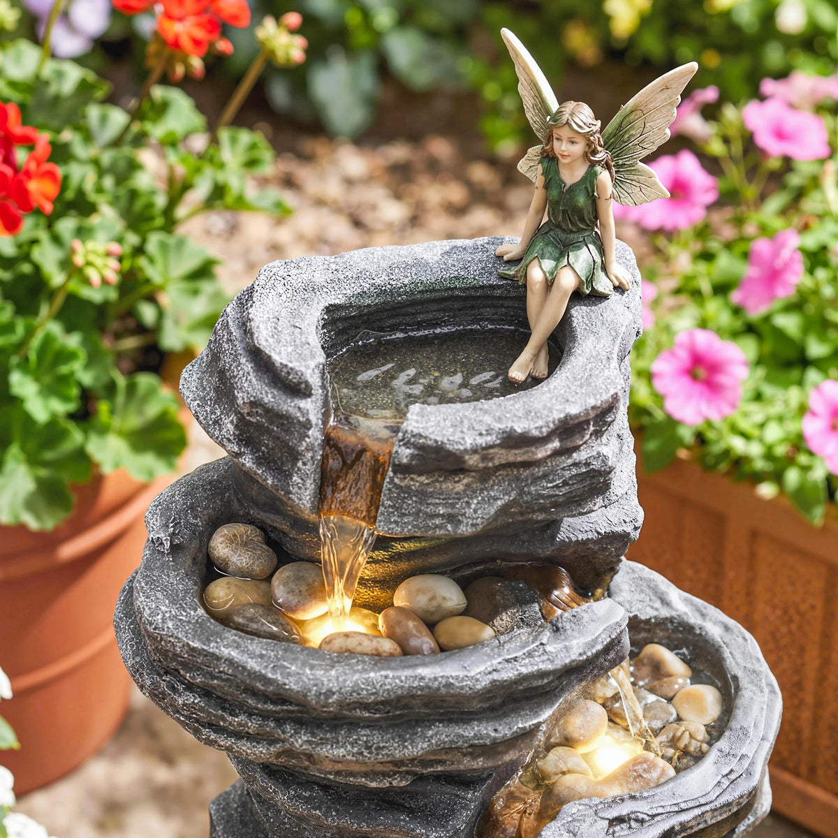Outsunny Outdoor Six Tier Rock Waterfall Fountain for Garden Relaxation