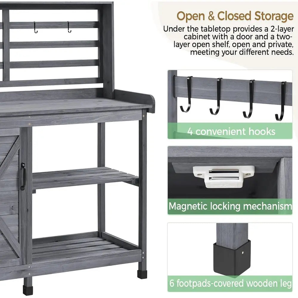 Outdoor Potting Bench Workstation With Storage Cabinet Shelving