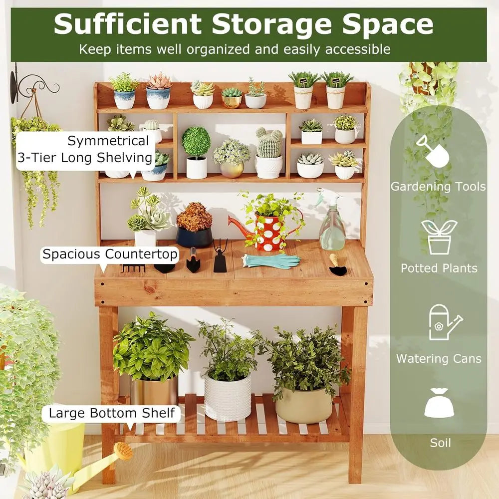 Potting Bench Table Outdoor Solid Wood Gardening Workstation