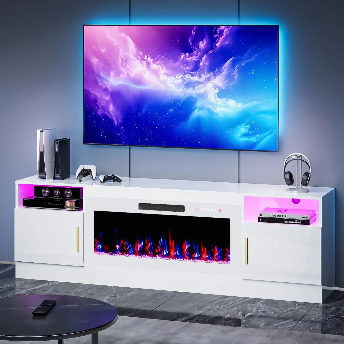 TV Stand With Fireplace LED Lighting For Living Room