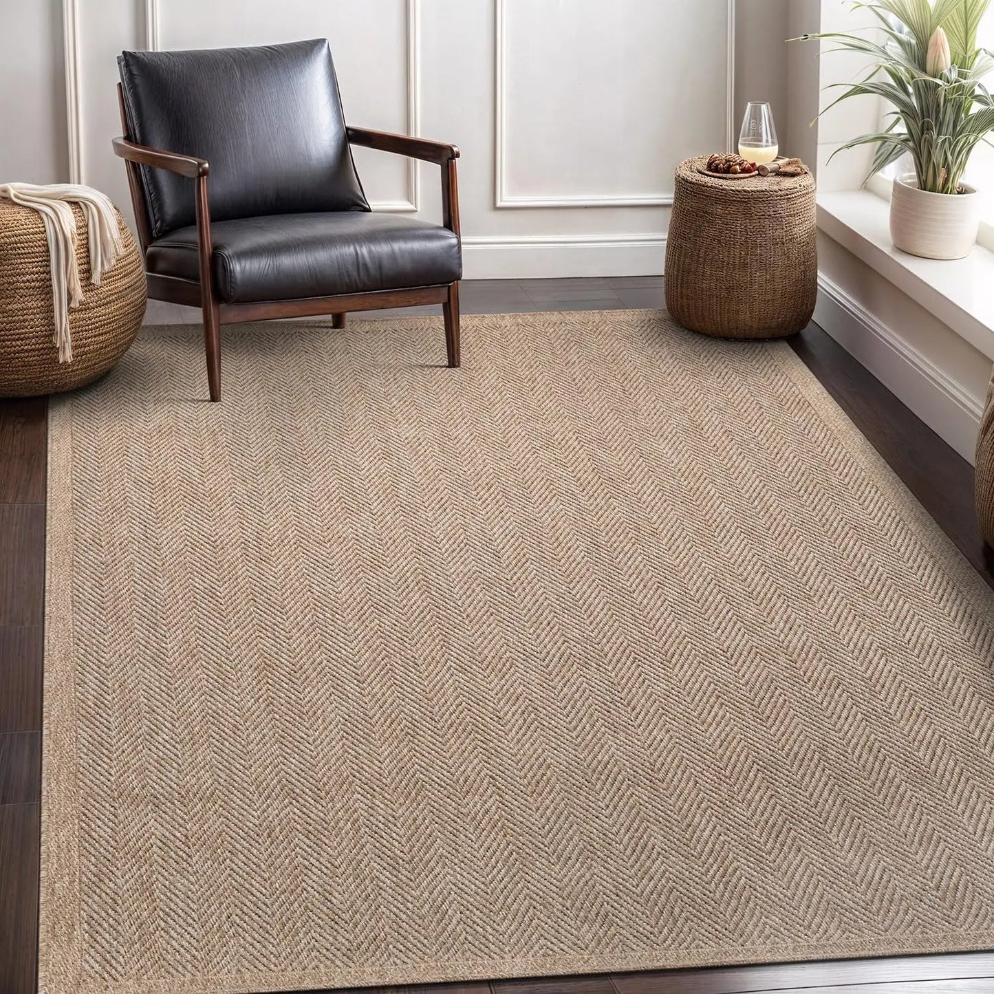 Natural Fiber Herringbone Seagrass Area Rug For Indoor Outdoor Use