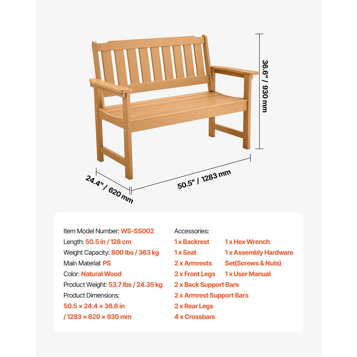 SucceBuy Wood Metal Outdoor Bench For Garden Patio