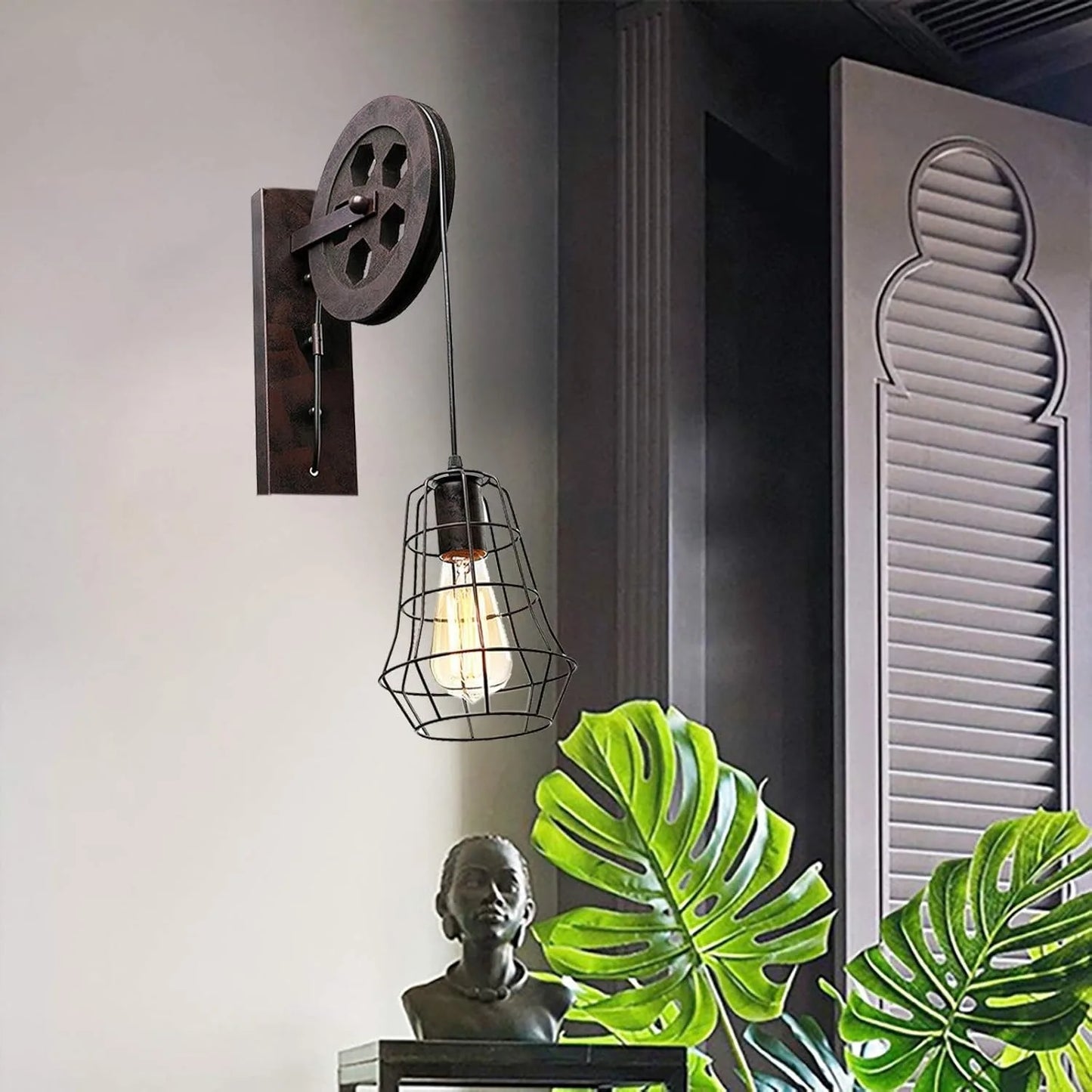 Bymaocar Industrial Wall Sconce Lift Pulley Iron Cage Shade