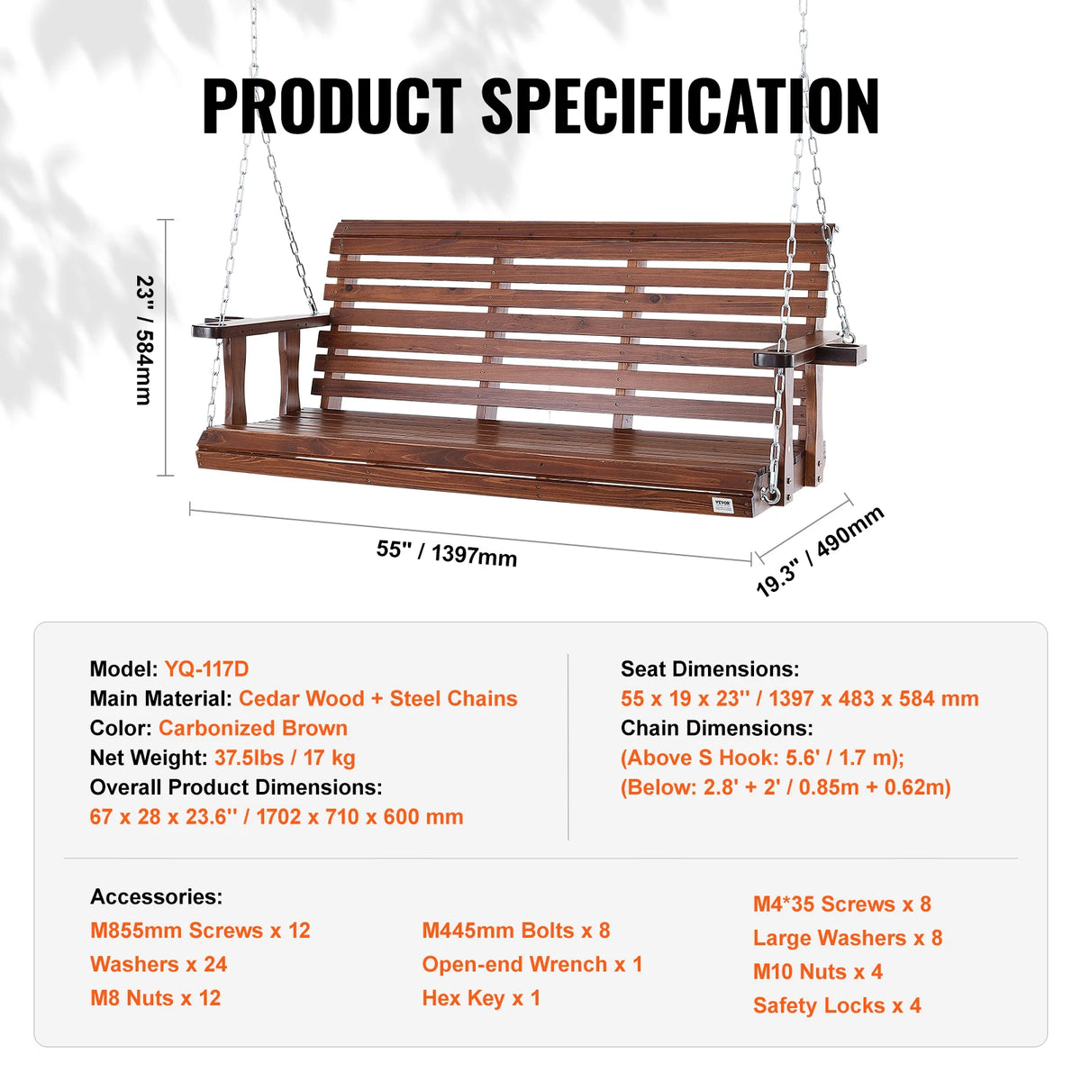 SucceBuy Wooden Outdoor Porch Swing Bench for Garden and Patio