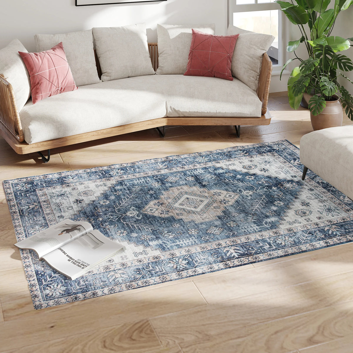 Vintage Machine Washable Oriental Medallion Area Rug For Living Spaces
