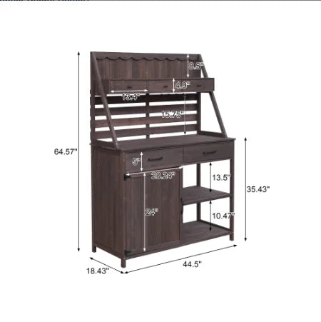 Fir Wood Potting Bench With Five Drawers And Cabinet