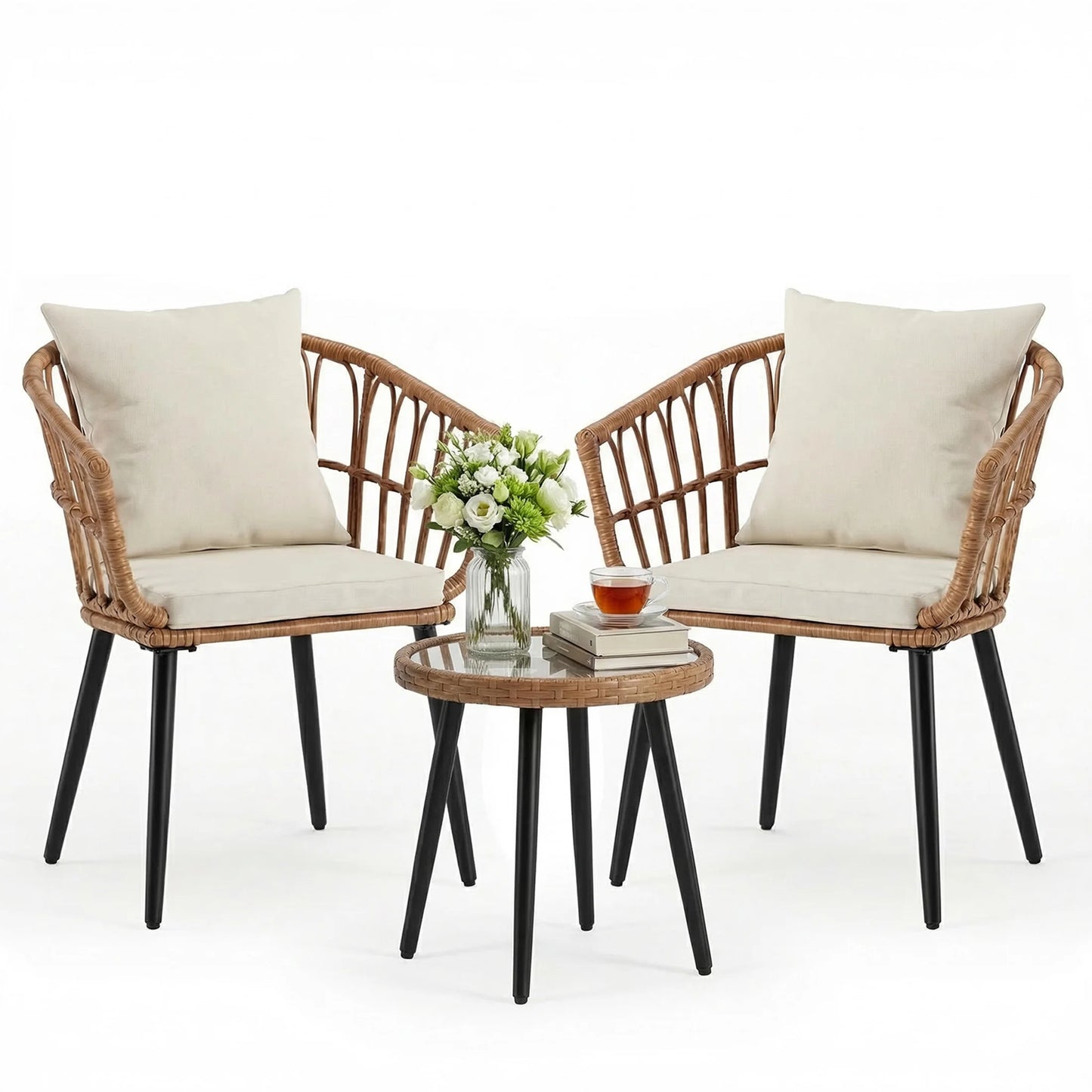Wicker Patio Outdoor Set With Cushions Glass Top Table