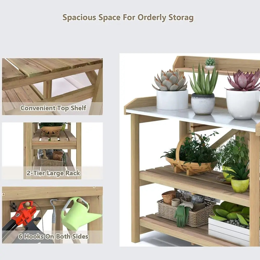 Garden Potting Bench With Galvanized Steel Top And Hooks