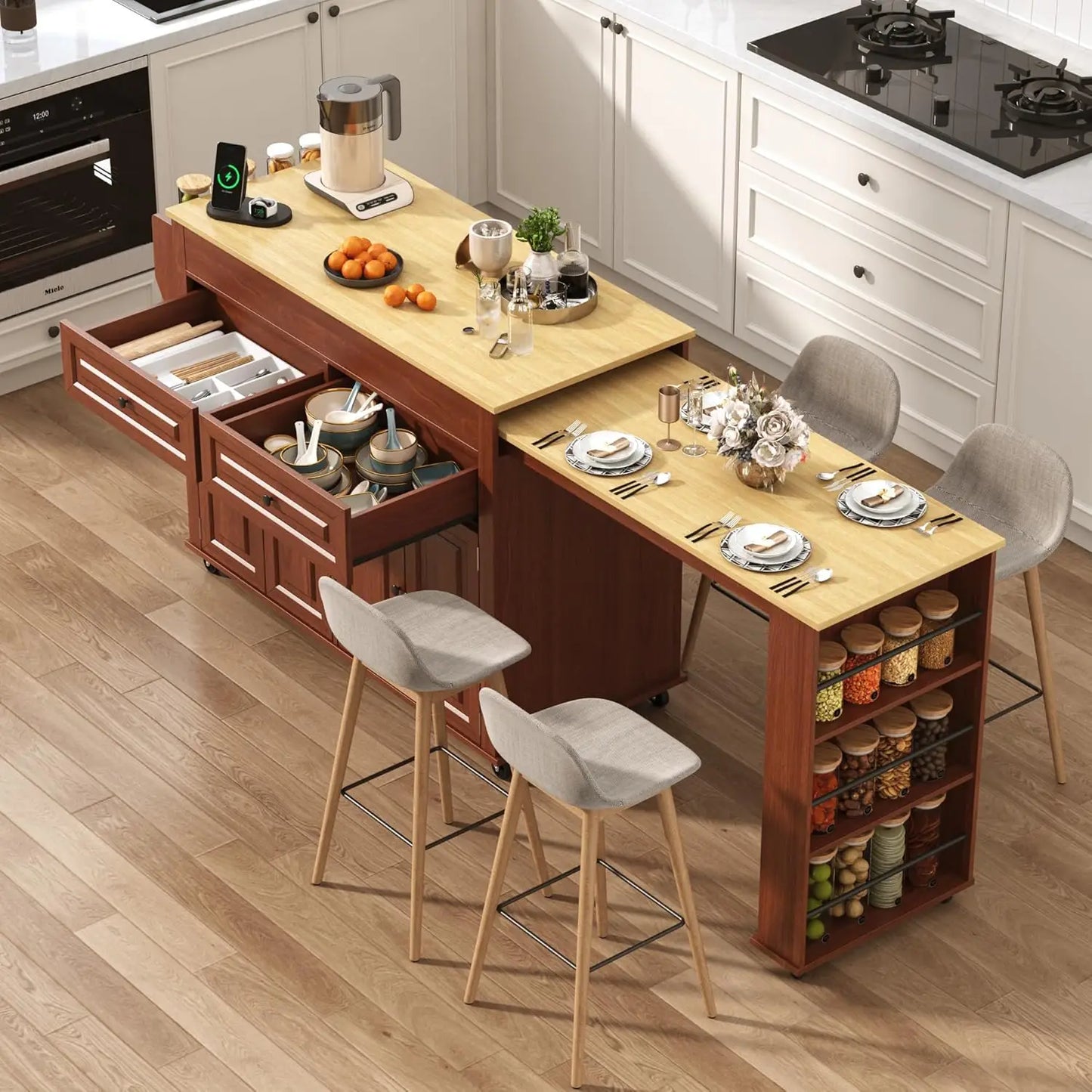 Extendable Kitchen Island With Dining Table Power Outlet Storage Mobile