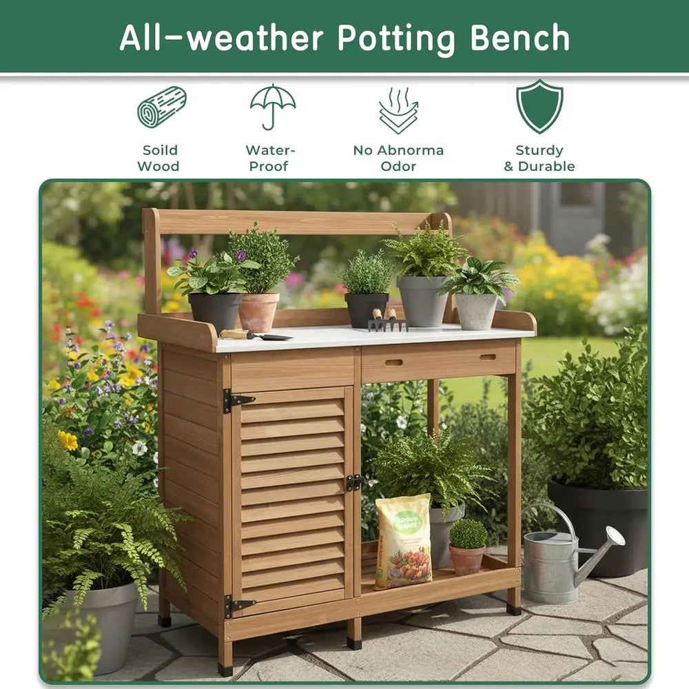 Potting Bench Table With Storage Cabinet Outdoor Garden Workstation