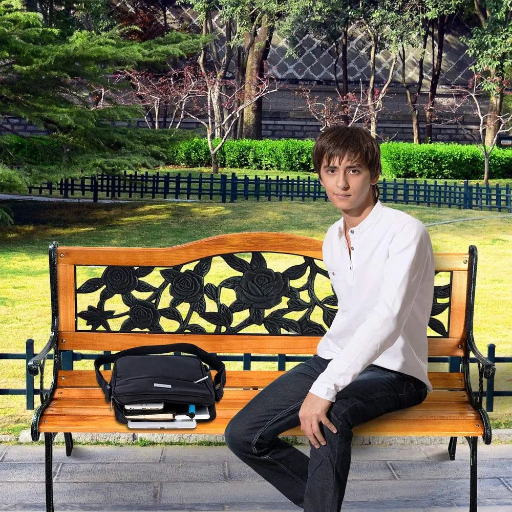 Outdoor Garden Bench With Rose Cast Backrest And Wood Seat