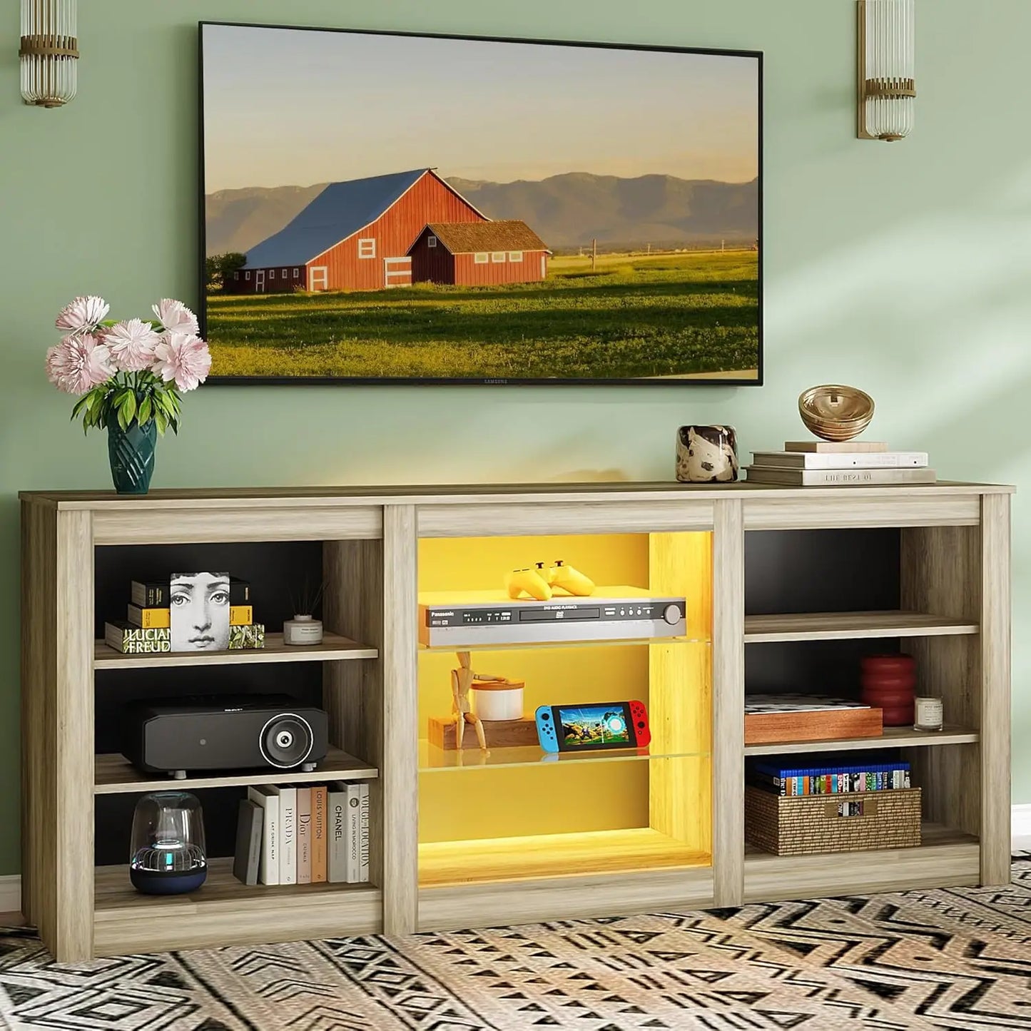 Modern TV Stand With Adjustable Shelves And RGB LED Lighting