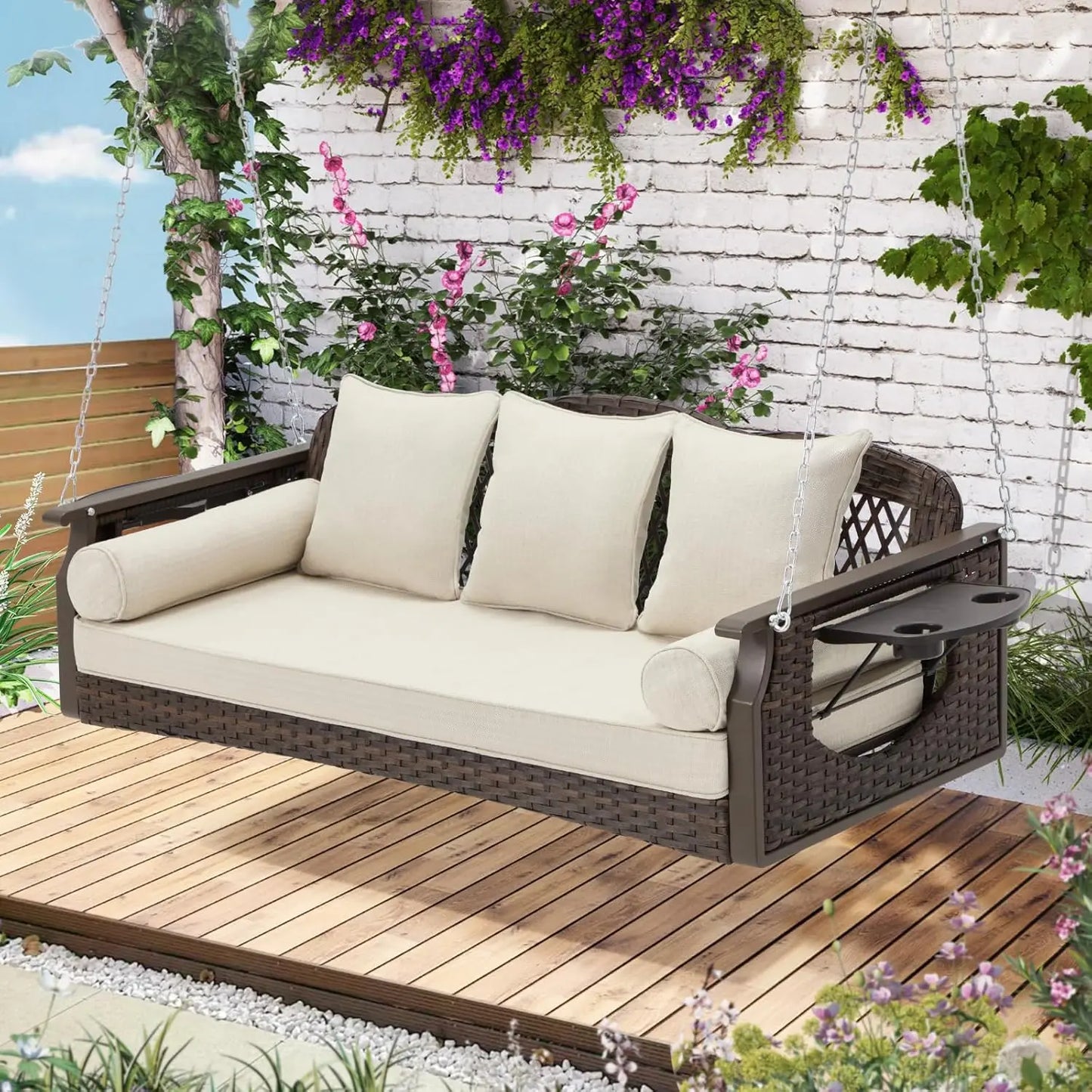 Outdoor 3 Seat Porch Swing with Cup Holders and Cushions