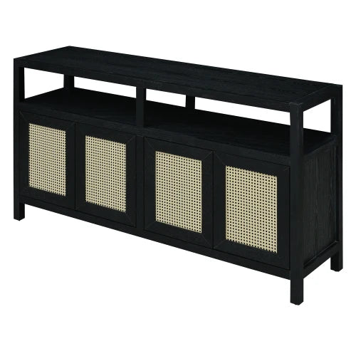 Solid Wood Rattan Buffet Cabinet With Adjustable Shelves Bohemian Style