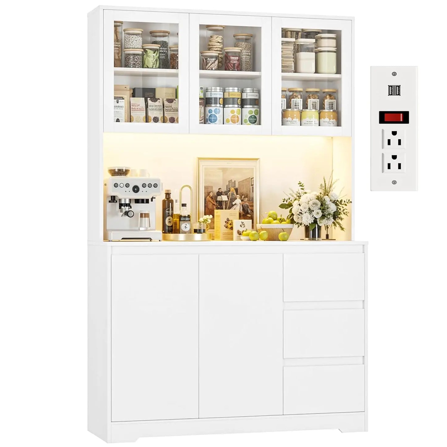 Kitchen Pantry Cabinet With LED Lights And Charging Station