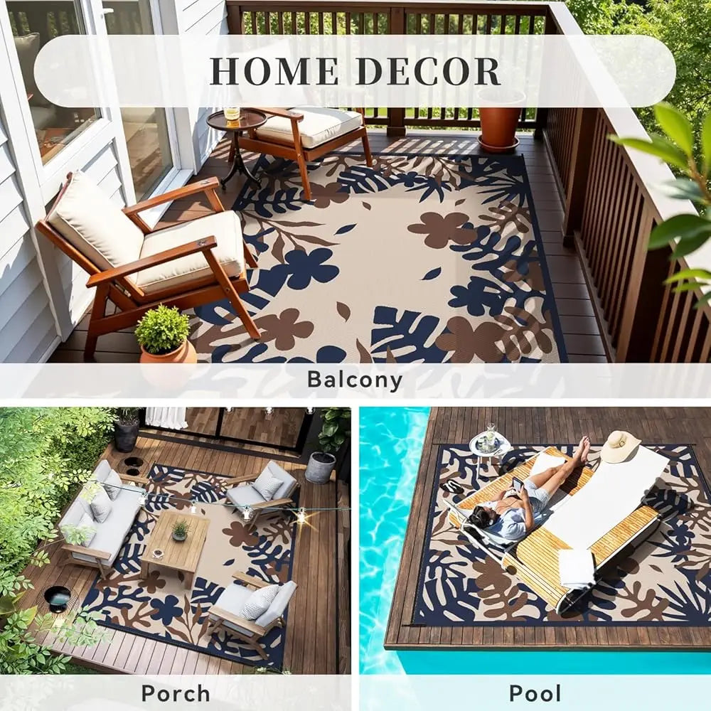 DIXSG Outdoor Rug Waterproof RV Reversible Floral Camping Patio Mat