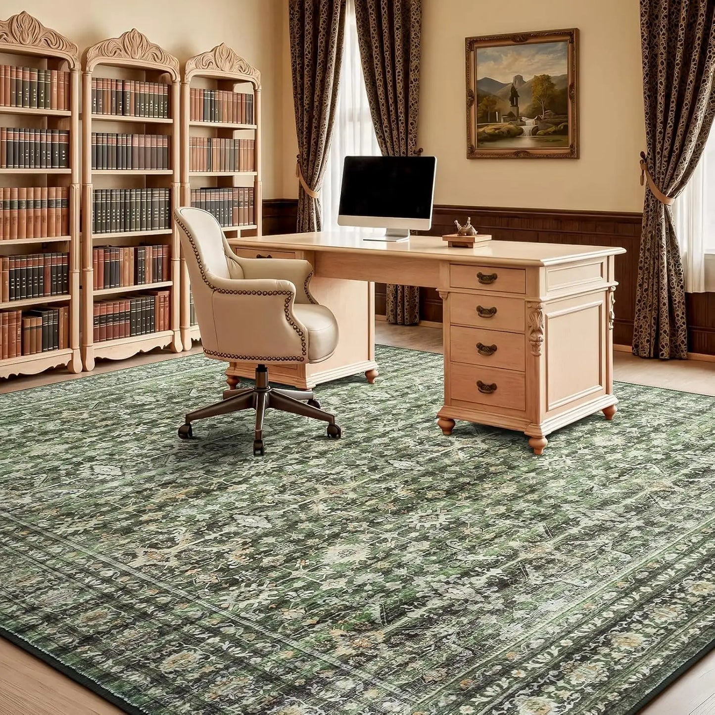 Washable Boho Area Rug With Suede Backing For Living Room