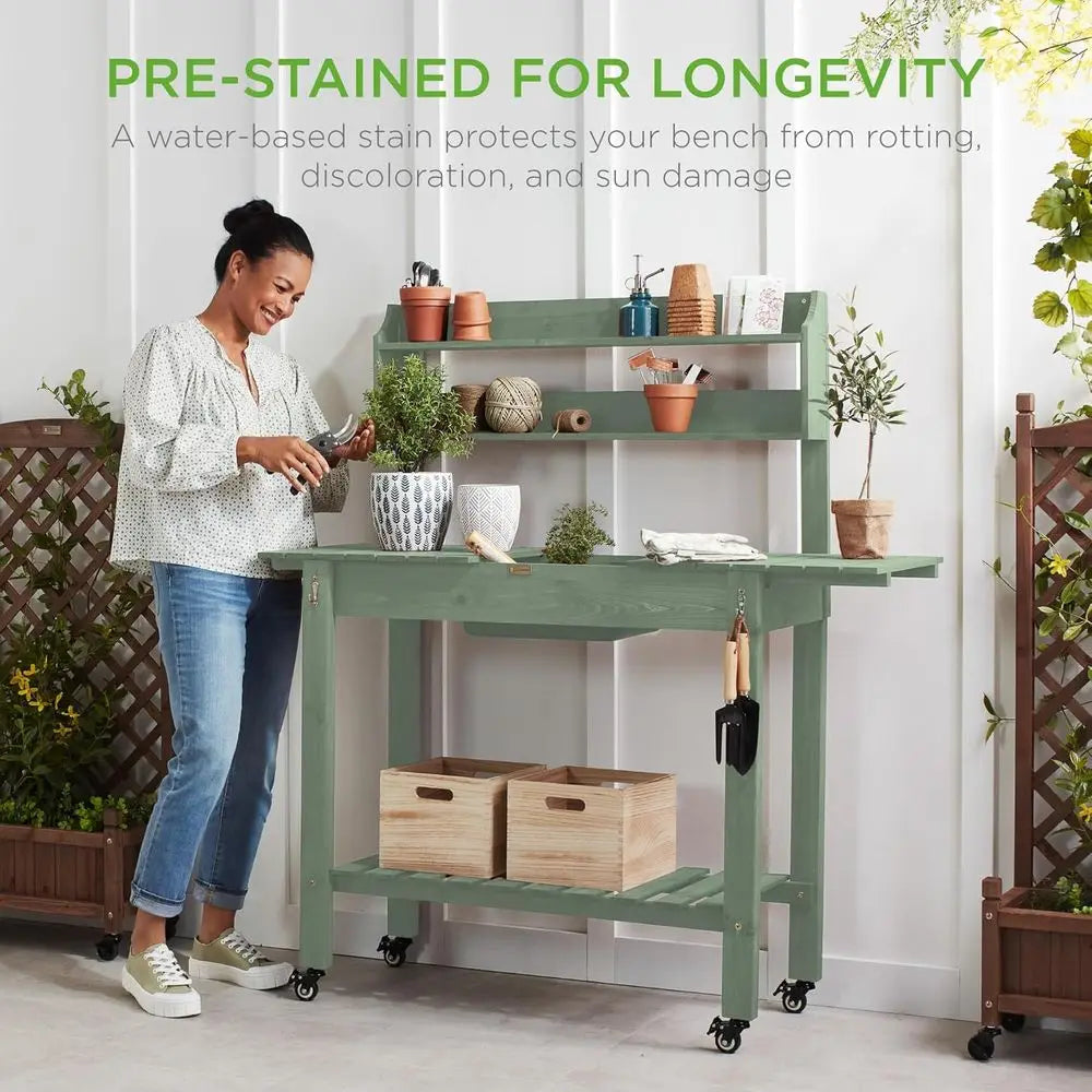 Mobile Garden Potting Bench With Locking Wheels And Sliding Tabletop