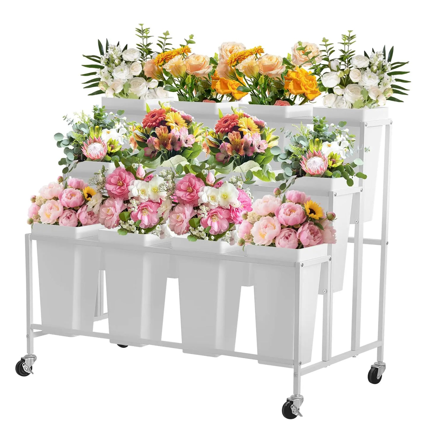 HiMISS 3 Tier Rolling Flower Display Stand With Buckets