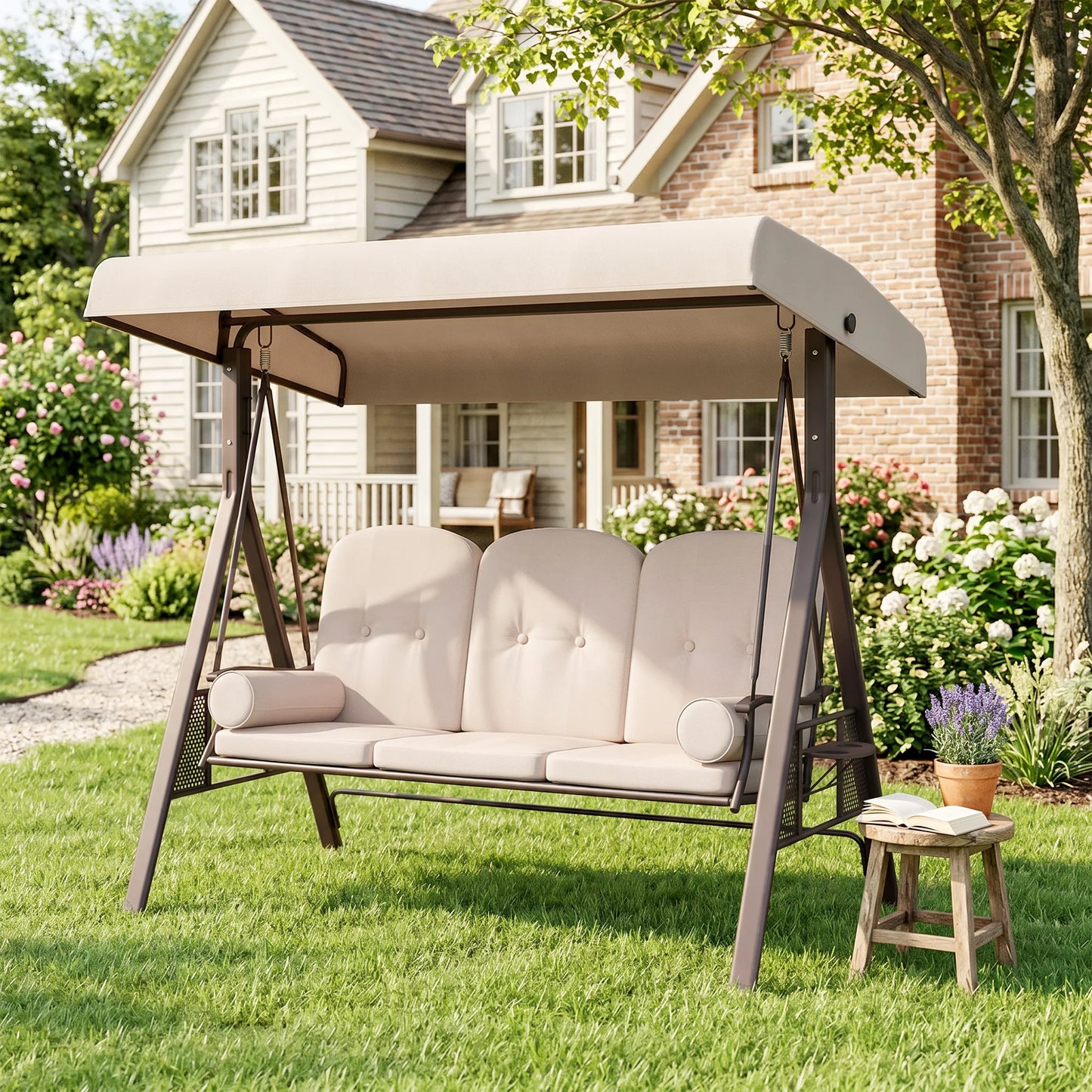 Three Person Outdoor Patio Canopy Cushioned Bench Swing