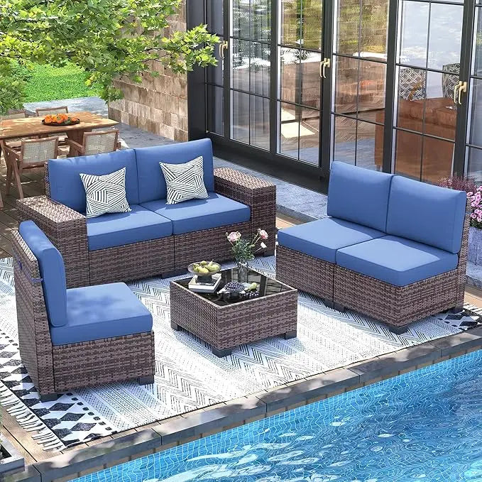 UDPATIO 6 Piece Outdoor Patio Furniture Set With Wicker Table