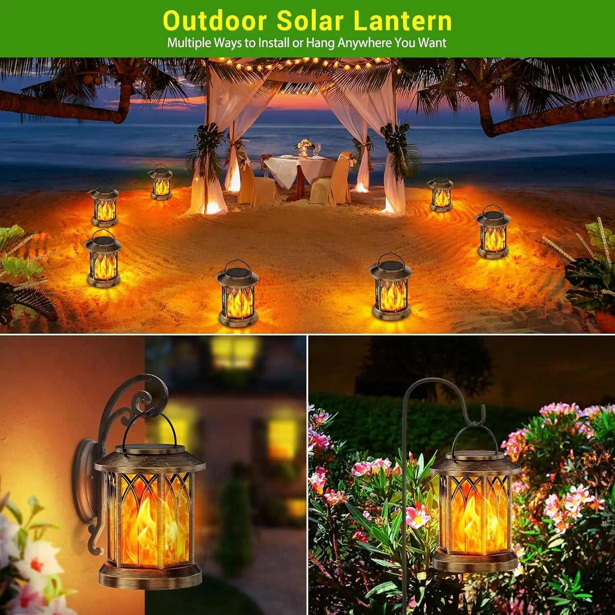 Waterproof Flickering Flame Solar Lantern For Outdoor Hanging Decor