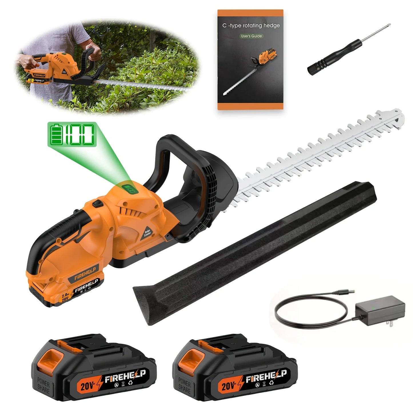 Firehelp Cordless Hedge Trimmer Pruner 20V Battery Included