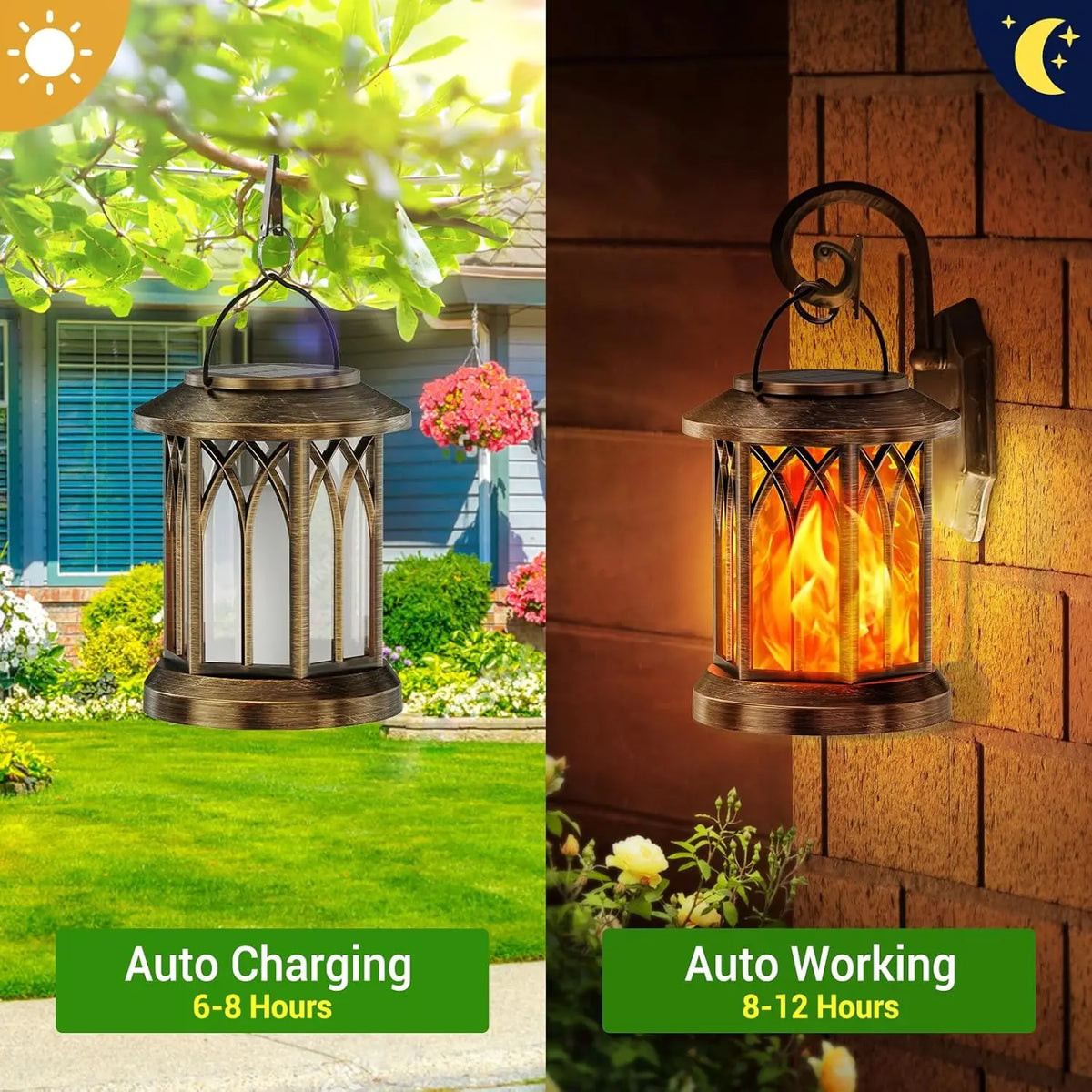 Waterproof Flickering Flame Solar Lantern For Outdoor Hanging Decor