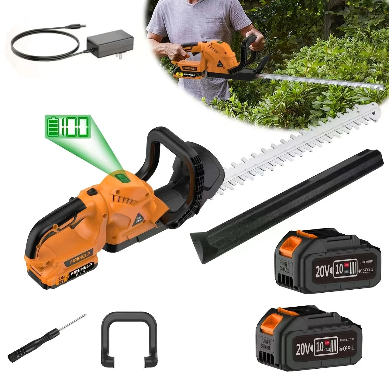 Firehelp Cordless Hedge Trimmer Pruner 20V Battery Included