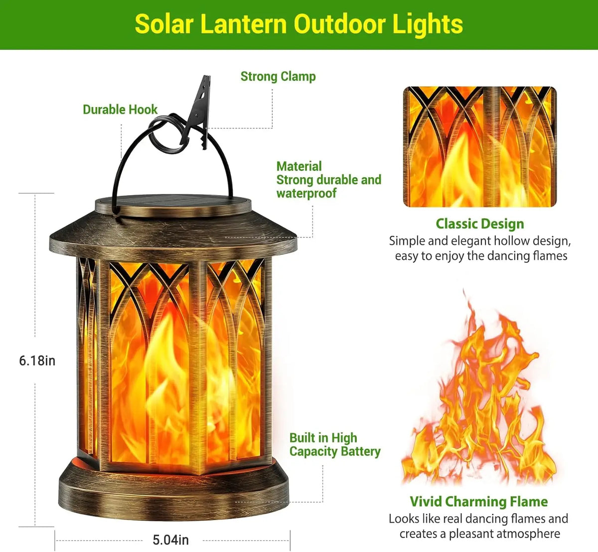 Waterproof Flickering Flame Solar Lantern For Outdoor Hanging Decor