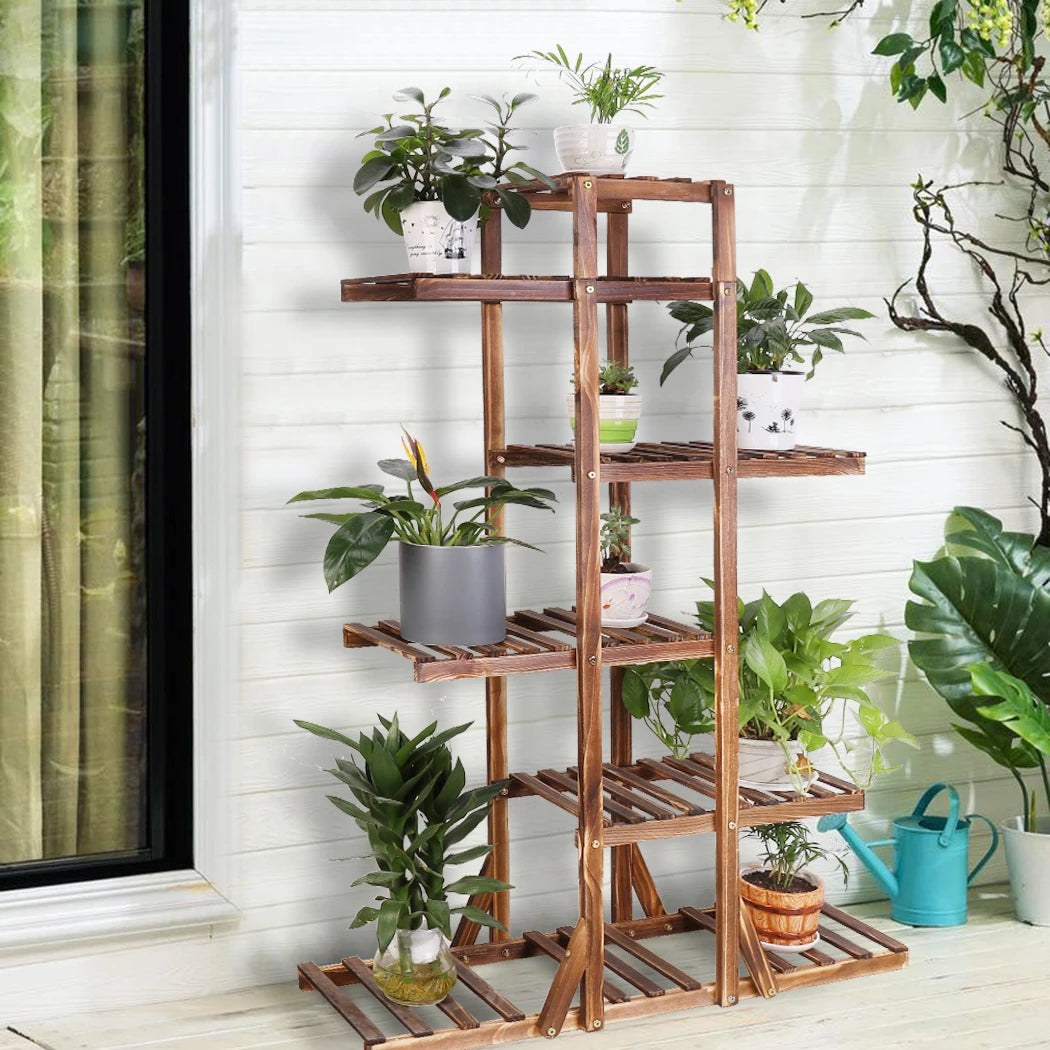 BINGOPAW 6 Tier Wooden Plant Stand Carbonized Wood Display Rack